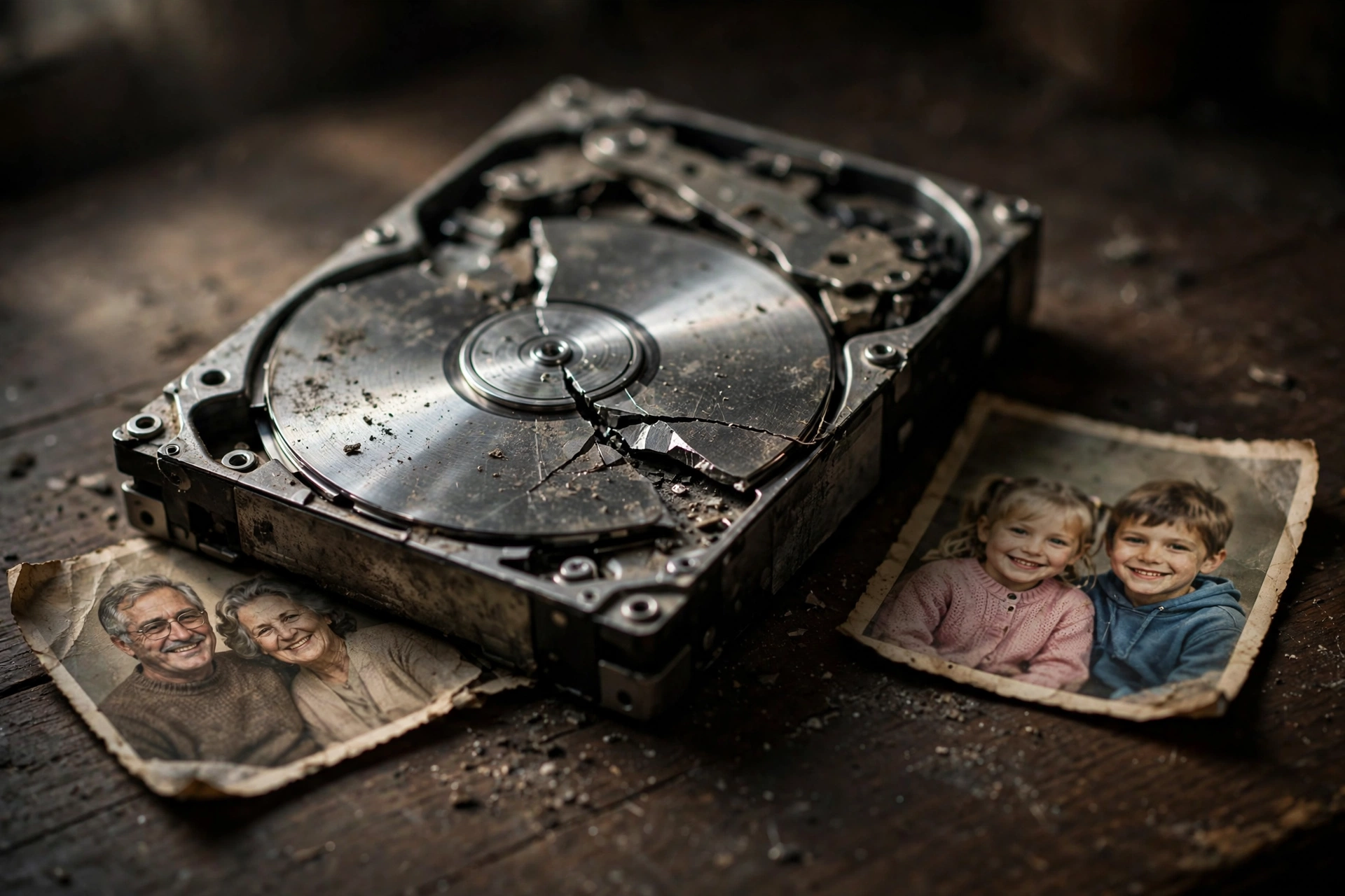 Broken hard drive with family photos