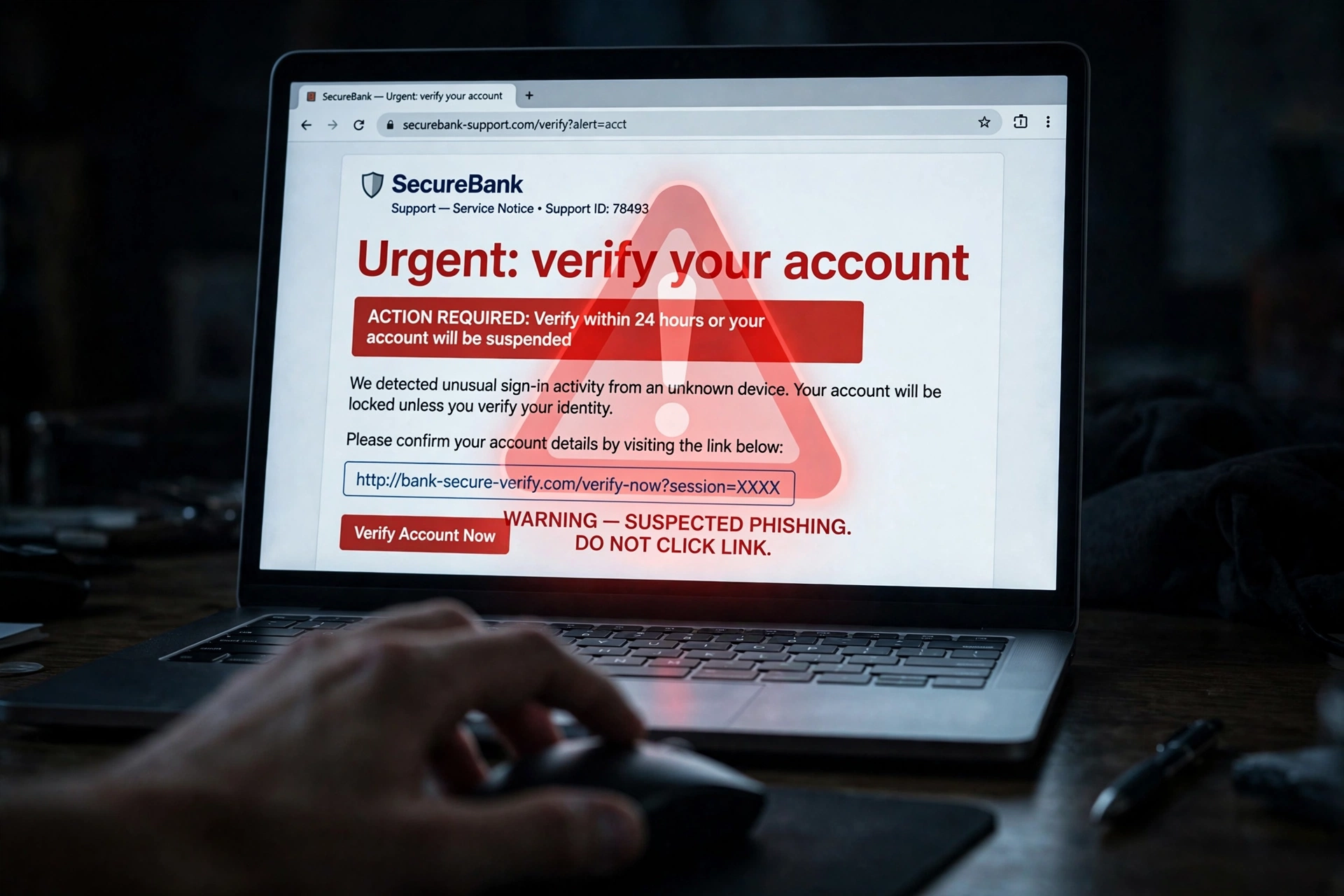 Phishing email warning on a laptop