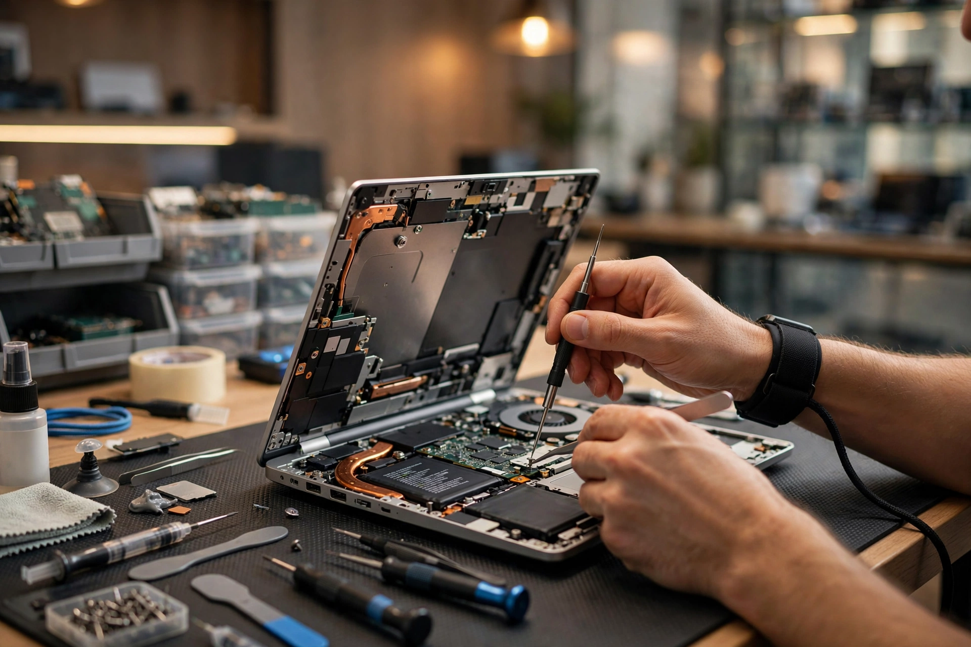 Technician repairing a laptop at the workbench